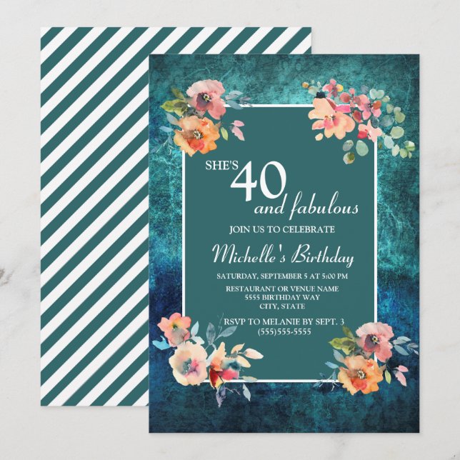 Carte Fête d'anniversaire 40 ans et fabuleuse Floral ros (Devant / Derrière)