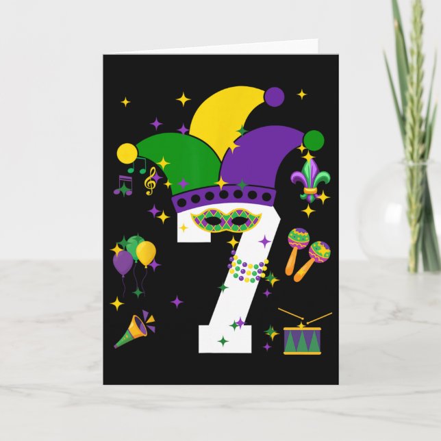 Carte Fête d'anniversaire 7 ans thème Mardi Gras 7 ans g (Devant)