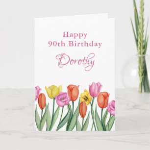 Carte Fête d'anniversaire 90 ans aux tulipes aquarelles