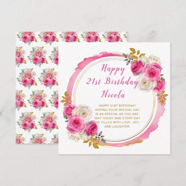 Carte Fête d'anniversaire avec des fleurs élégantes rose (Devant / Derrière)