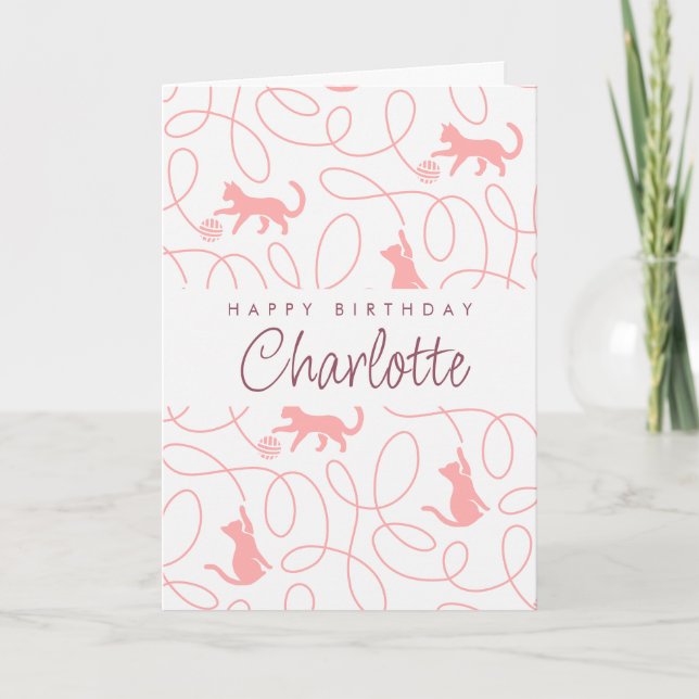 Carte Fête d'anniversaire avec motif de chat rose corail (Devant)