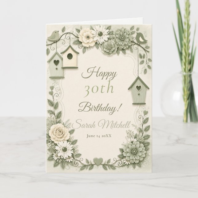 Carte Fête d'anniversaire Crème et Vert Sauge (Devant)