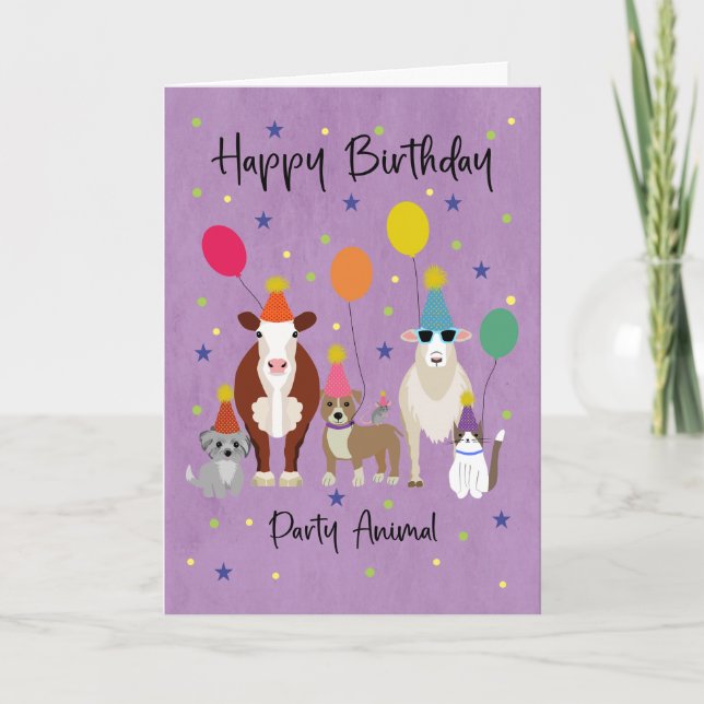 Carte Fête d'anniversaire d'animal avec ballons (Devant)