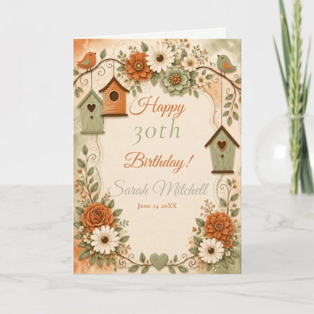 Carte Fête d'anniversaire d'automne orange brûlé vert sa (Devant)