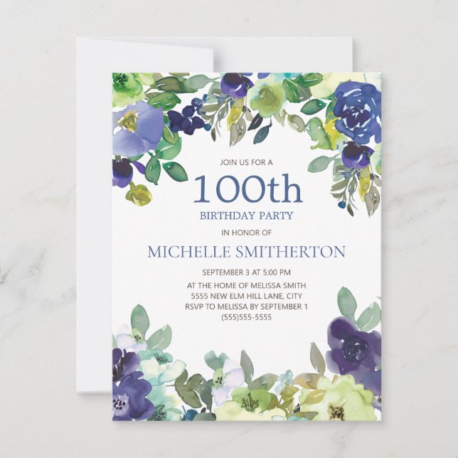 Carte Fête d'anniversaire de 100 ans Navy Blue Sage Gree (Devant)