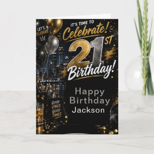 Carte Fête d'anniversaire de 21 ans Black Gold
