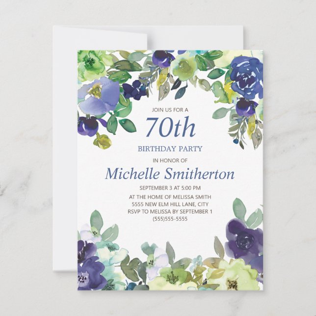 Carte Fête d'anniversaire de 70 ans Navy Blue Sage Green (Devant)