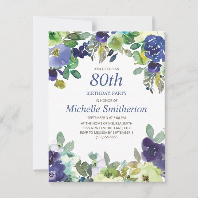 Carte Fête d'anniversaire de 80 ans Navy Blue Sage Green (Devant)