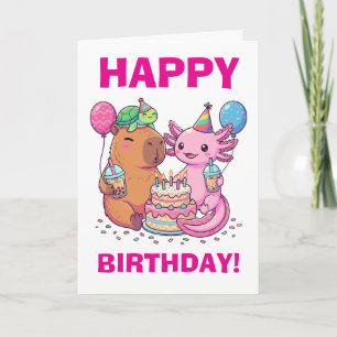 Carte Fête d'anniversaire de capybara et axolotl kawaii