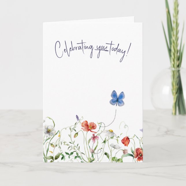 Carte Fête d'anniversaire de fleur sauvage avec papillon (Devant)