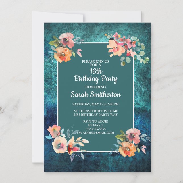 Carte Fête d'anniversaire de seize ans Teal Rose Fleurs  (Devant)