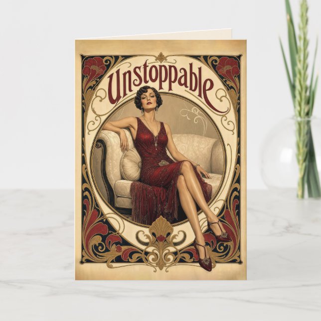 Carte Fête d'anniversaire dorée Femme posée dans le styl (Devant)
