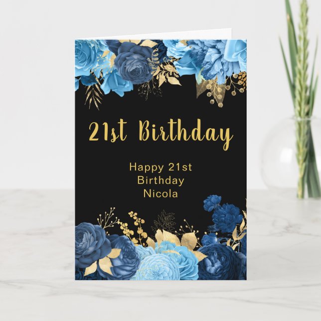 Carte Fête d'anniversaire élégante fleurs bleues et or (Devant)