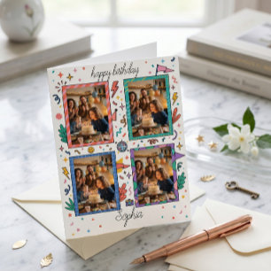 Carte Fête d'anniversaire Fun Collage Photo Doodle Rétro