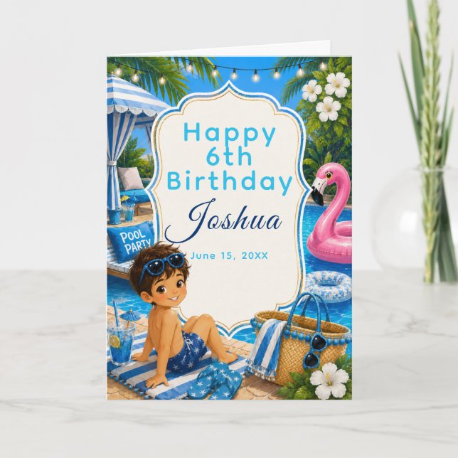 Carte Fête d'anniversaire garçon à la piscine bleue  (Devant)