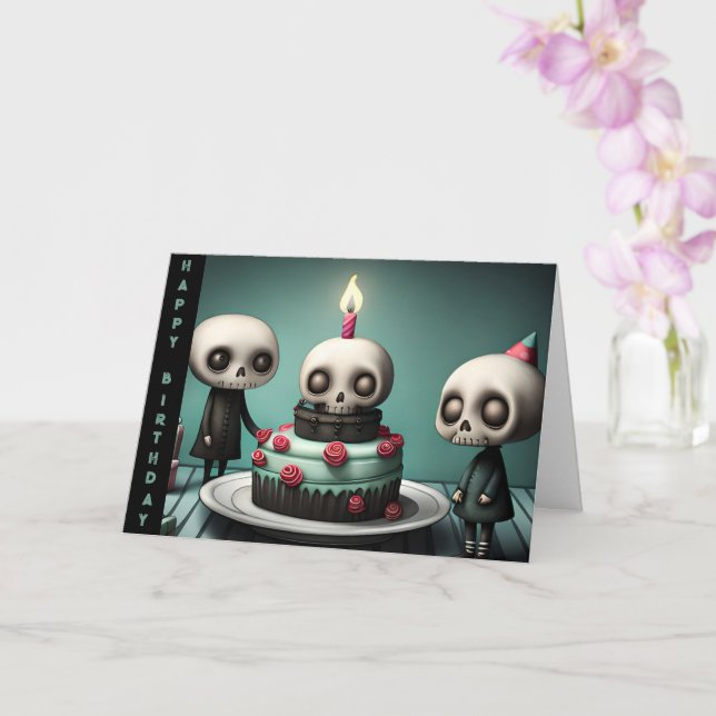 Carte fête d'anniversaire gâteau squelette amis (Orchidée)