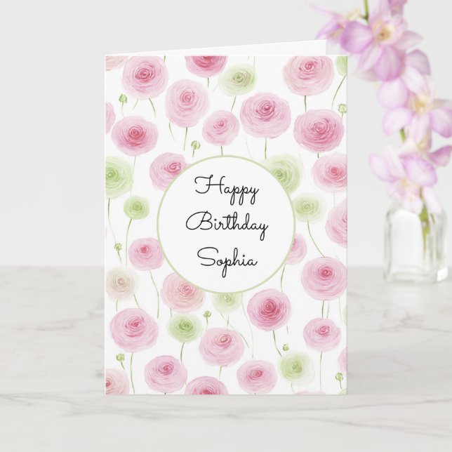 Carte Fête d'anniversaire Ranunculus Floral Menthe Rose (Orchidée)