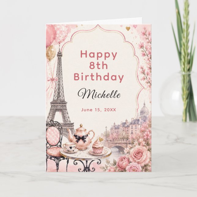 Carte Fête d'anniversaire rose Paris Tea Party (Devant)