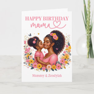 Carte Fête d'anniversaire rose pour maman et fille afro-