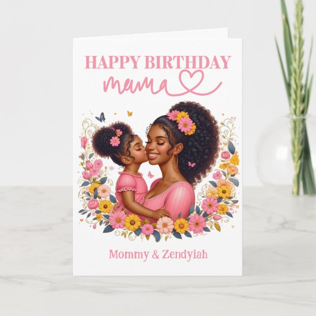 Carte Fête d'anniversaire rose pour maman et fille afro- (Devant)