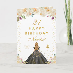 Carte Fête de fille aux cheveux blonds floraux crème