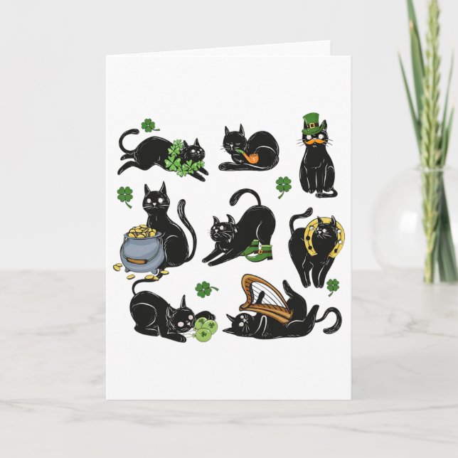 Carte Fête de la Saint-Patrick Trèfle Chat Noir Chats Ir (Devant)
