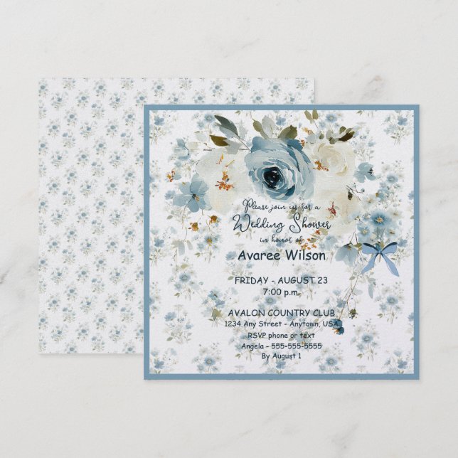 Carte Fête de mariage en floral bleu (Devant / Derrière)