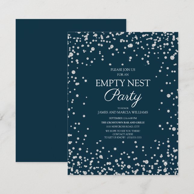 Carte Fête de nid vide bleu marine paillettes argentées (Devant / Derrière)