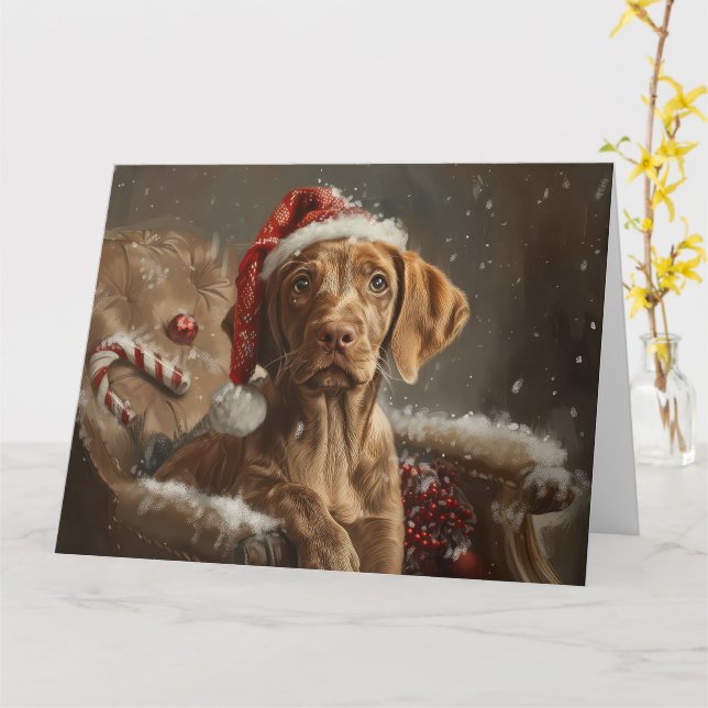 Carte Fête de Noël de Chien Vizsla (Fleur jaune)