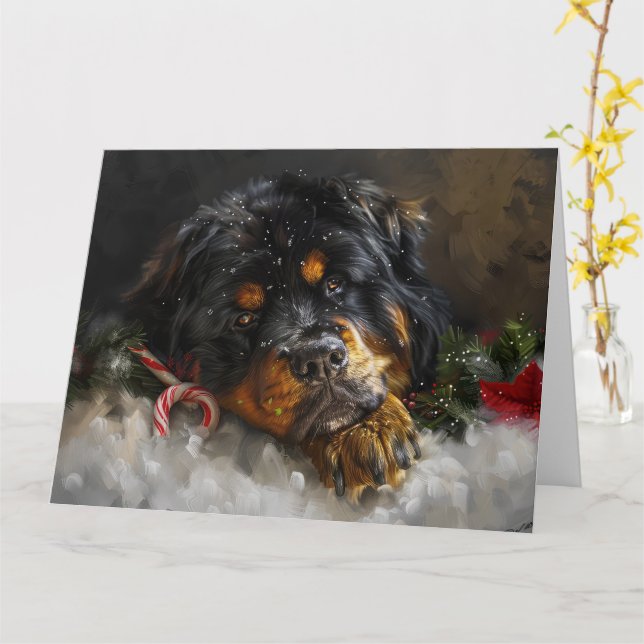 Carte Fête de Noël du chien Mastiff Tibétain (Fleur jaune)