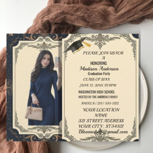 Carte Fête de remise de diplômes bleu or marbre agate aq