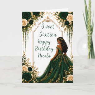 Carte Fête de Sweet Sixteen aux fleurs dorées et vert ém