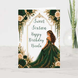 Carte Fête de Sweet Sixteen aux fleurs dorées vert émera