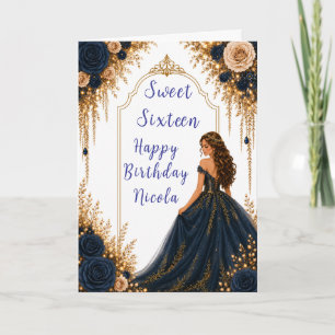 Carte Fête de Sweet Sixteen aux fleurs navies et dorées
