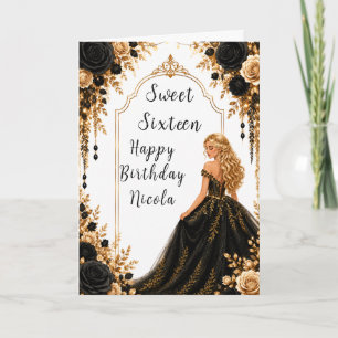 Carte Fête de Sweet Sixteen Fleurs Noir et Or