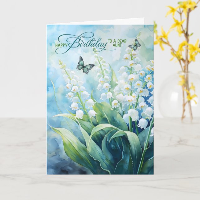Carte Fête de tante Muguet avec papillon (Fleur jaune)