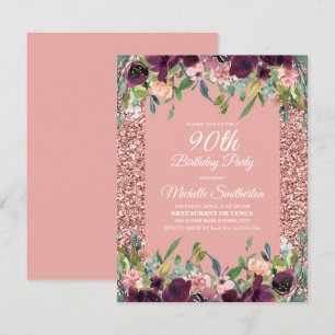 Carte Fête des 90 ans Fleurs Violettes Paillettes Roses