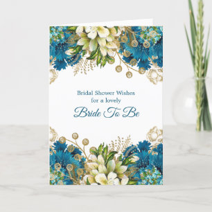 Carte Fête des mariées florale en or bleu glam