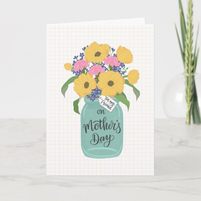 Carte Fête des Mères Amie avec un pot Mason de fleurs ja (Devant)