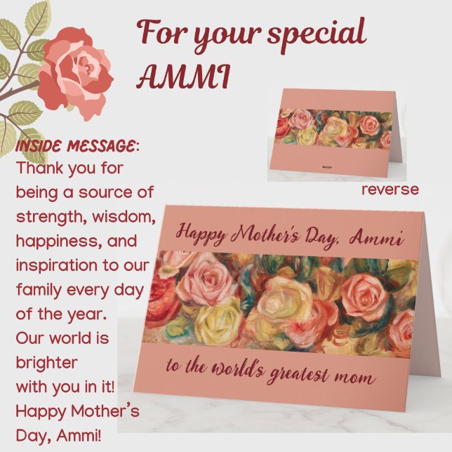 Carte Fête des Mères Ammi Urdu La maman arabe (A beautiful floral roses Mother's Day card for your special Ammi (mom). All text customizable.)