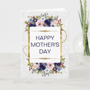 Carte Fête des Mères Crème & Fleurs Bleues & Paillettes