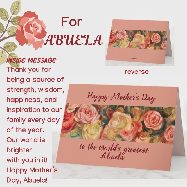 Carte Fête des mères de 'Greatest Abuela' Grande-mère es (A beautiful floral roses Mother's Day card for your special Spanish Abuela grandma! Customizable.)