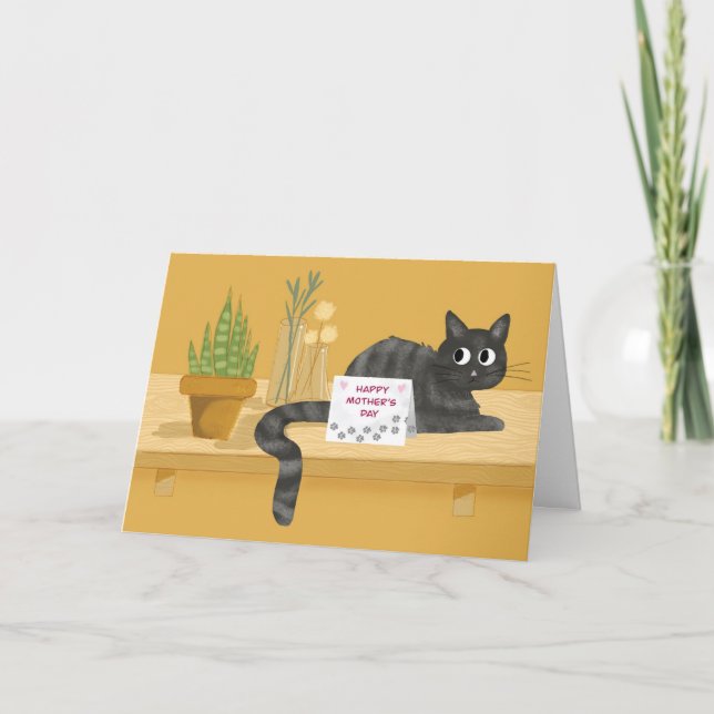 Carte Fête des mères drôle Chat sur table avec Plante (Devant)