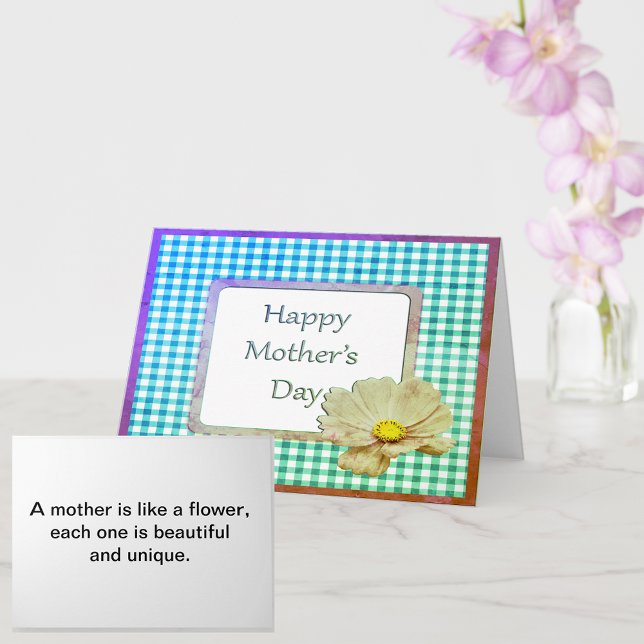 Carte Fête des Mères Fleur blanche et En vichy bleu (Mother's Day White Flower and Blue Gingham Card)