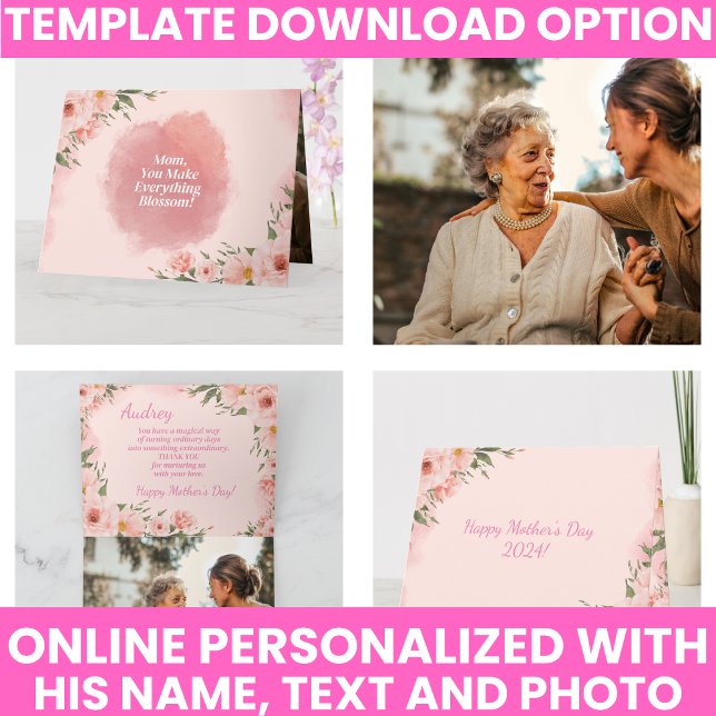 Carte Fête des mères floral élégant aquarelle rose (Elegant Pink Watercolor Floral Mother's Day Card)