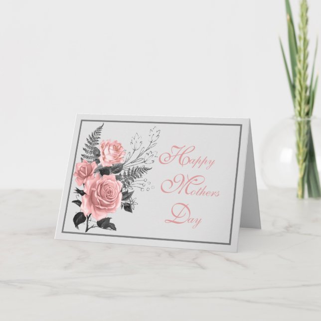 Carte Fête des mères florales rose et gris (Devant)