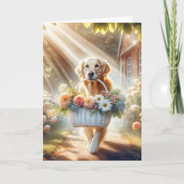 Carte Fête des Mères Golden Retriever avec panier à fleu (Devant)