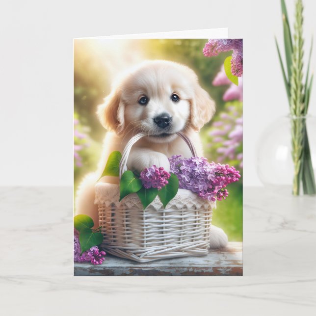 Carte Fête des Mères Golden Retriever Puppy with Lilacs (Devant)