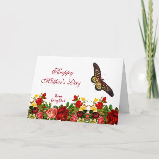 Carte Fête des mères Papillon Rustique Rose Bourgogne Fl