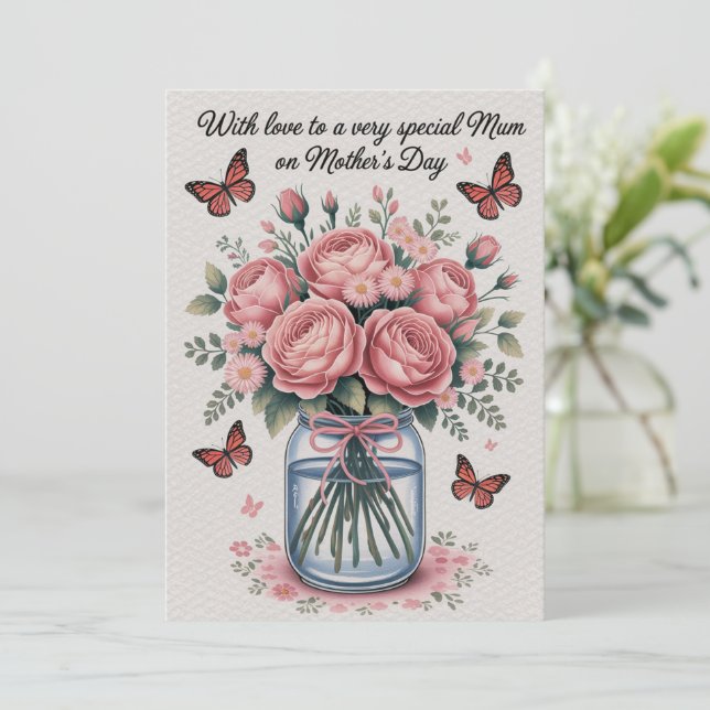 Carte Fête des mères Papillons rose Fleurs Cadeau  (Debout devant)